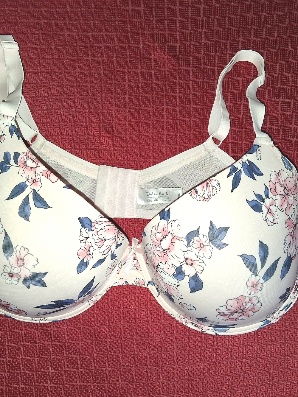 Delta Burke Beige Floral Underwire T-Shirt Bra with Blue and Pink Blooms 42D
